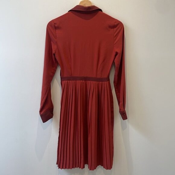 ModCloth Just My Typist Long Sleeve Shirt Dress In Brick pleated skirt sz XXS - Picture 8 of 15